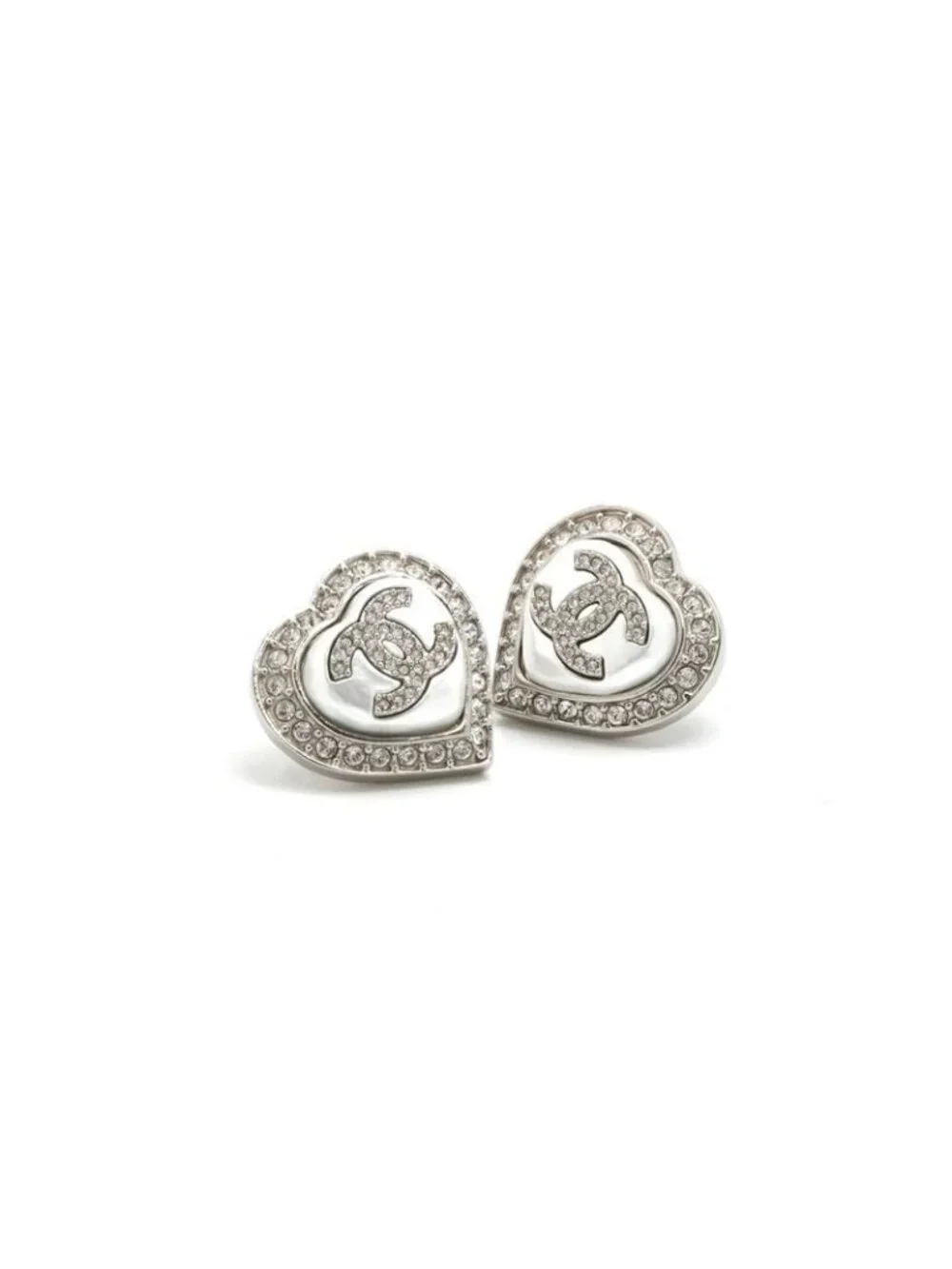 Chanel Earrings Silver CC Logo Rhinestone